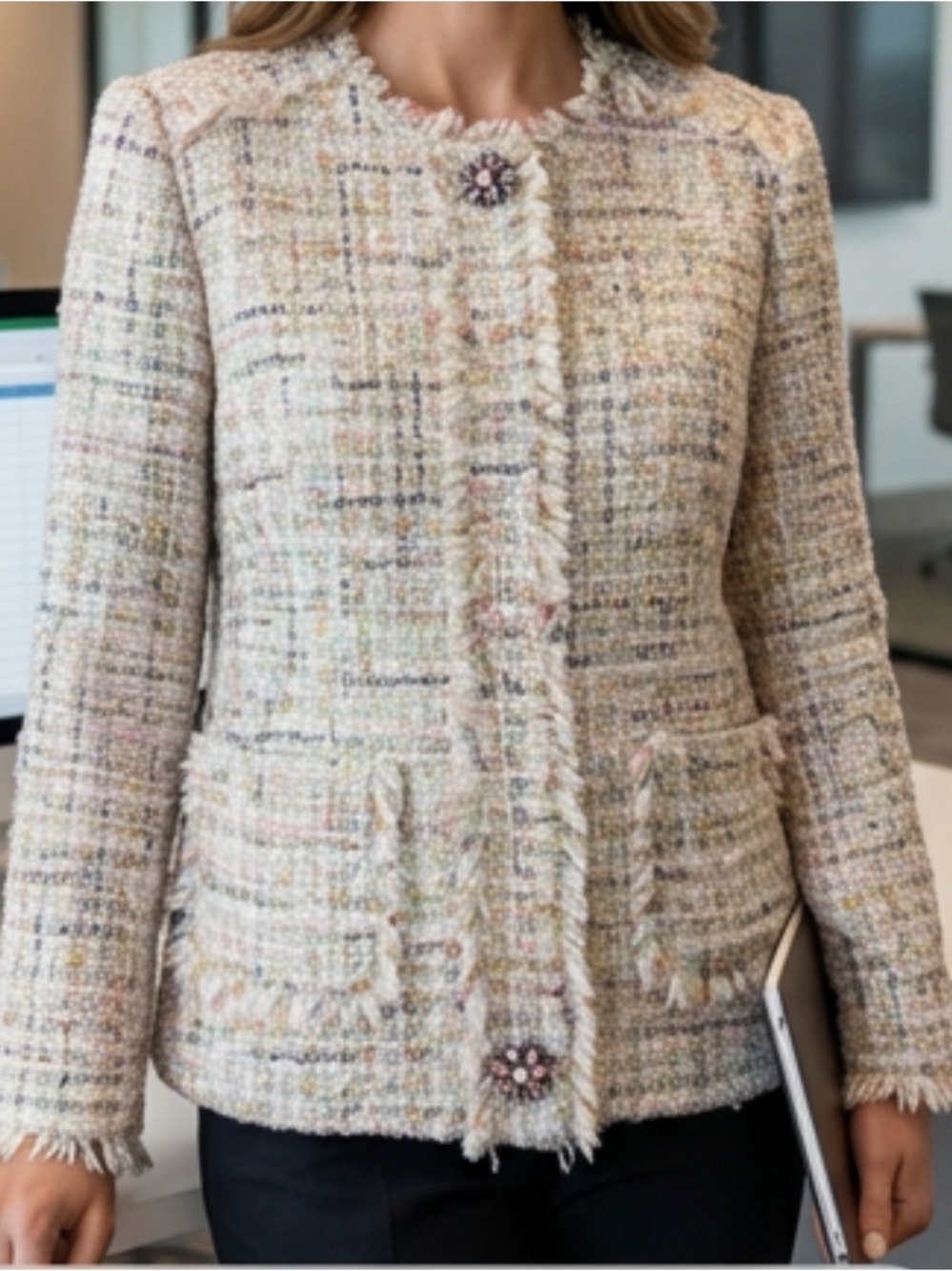 Zara Cream Multicolor Bouclé Tweed Jacket Sz M Women